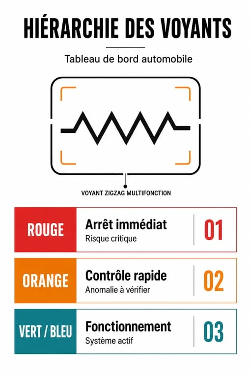 Infographie des voyants du tableau de bord Dacia Duster : signification des couleurs et du voyant zigzag