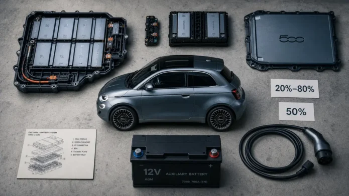 batterie fiat 500 electrique : modules lithium et 12V auxiliaire