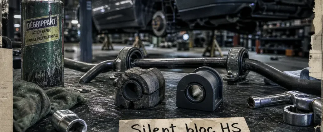 Changement silent bloc barre stabilisatrice : silent bloc fissuré usé vs neuf sur établi