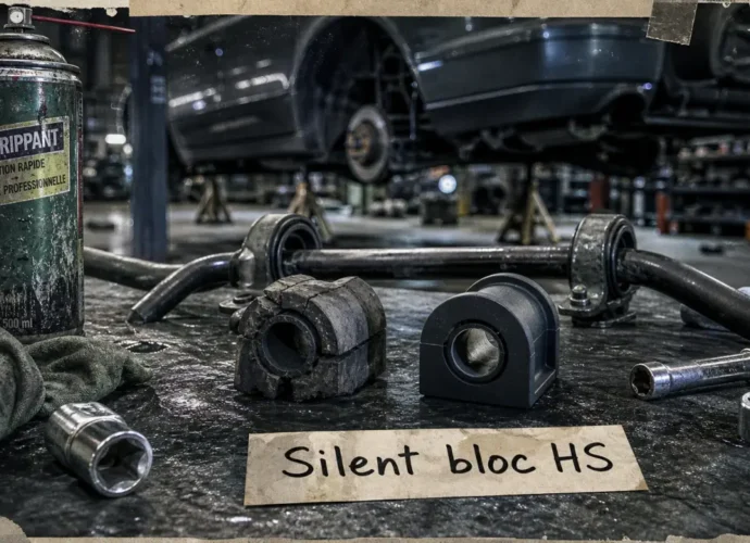 Changement silent bloc barre stabilisatrice : silent bloc fissuré usé vs neuf sur établi
