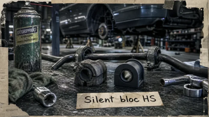 Changement silent bloc barre stabilisatrice : silent bloc fissuré usé vs neuf sur établi