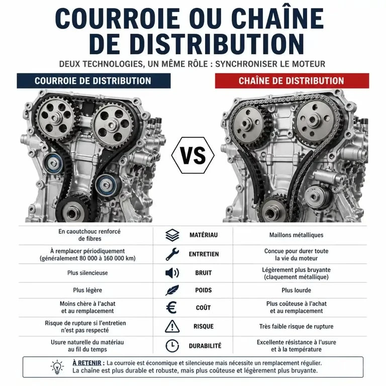 Schéma comparatif entre une courroie et une chaîne de distribution pour voiture