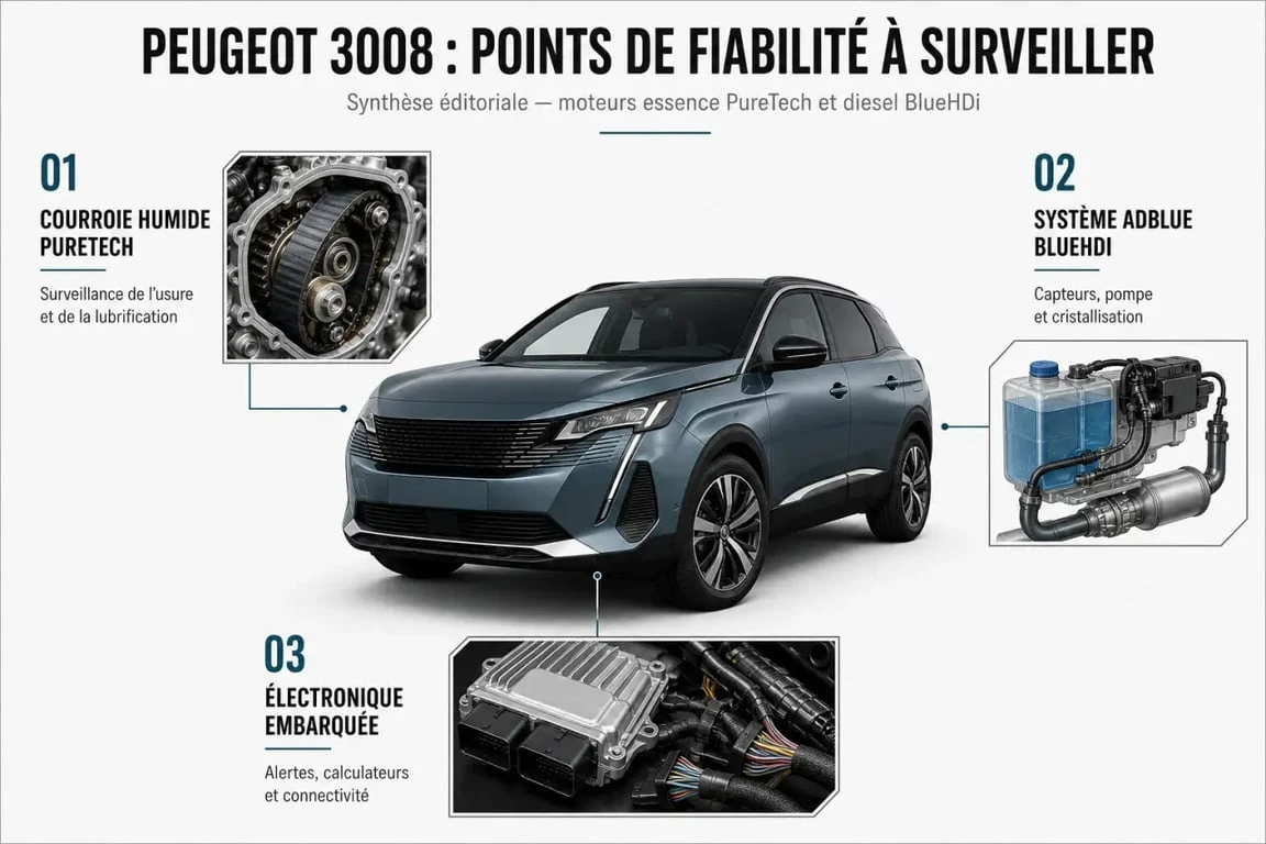 Infographie fiabilité peugeot 3008 avec les points de vigilance PureTech, BlueHDi et électronique