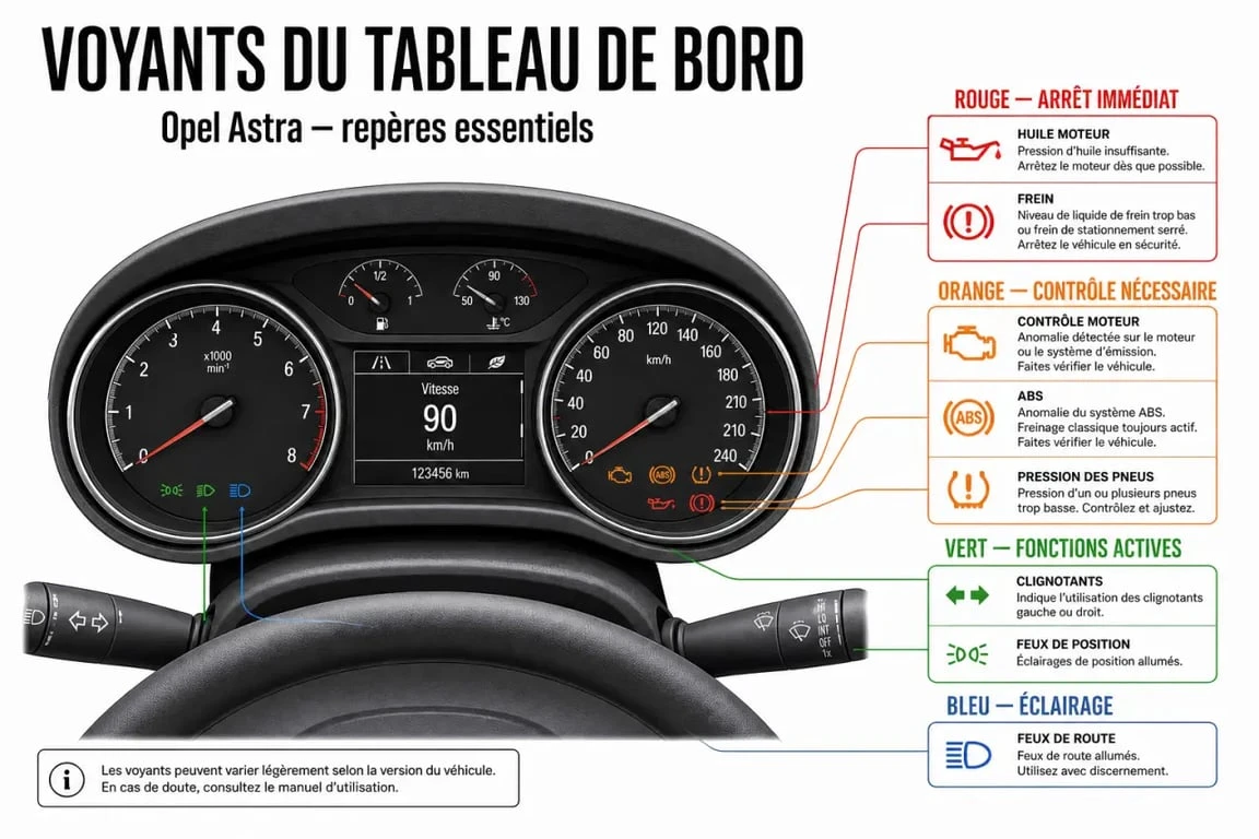 Signification voyant tableau de bord Opel Astra : schéma visuel des principaux voyants rouges, orange, verts et bleus