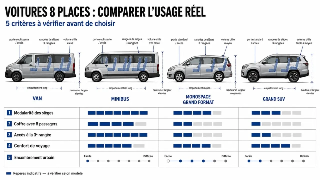 Voiture 8 places : comparaison visuelle des principaux types de véhicules et critères de choix