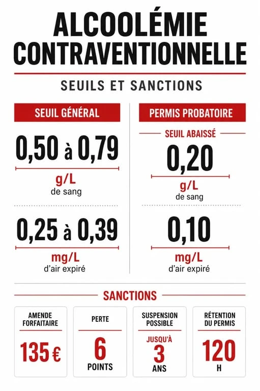 Infographie sur l’alcoolémie contraventionnelle avec seuils, amende, retrait de points et suspension du permis