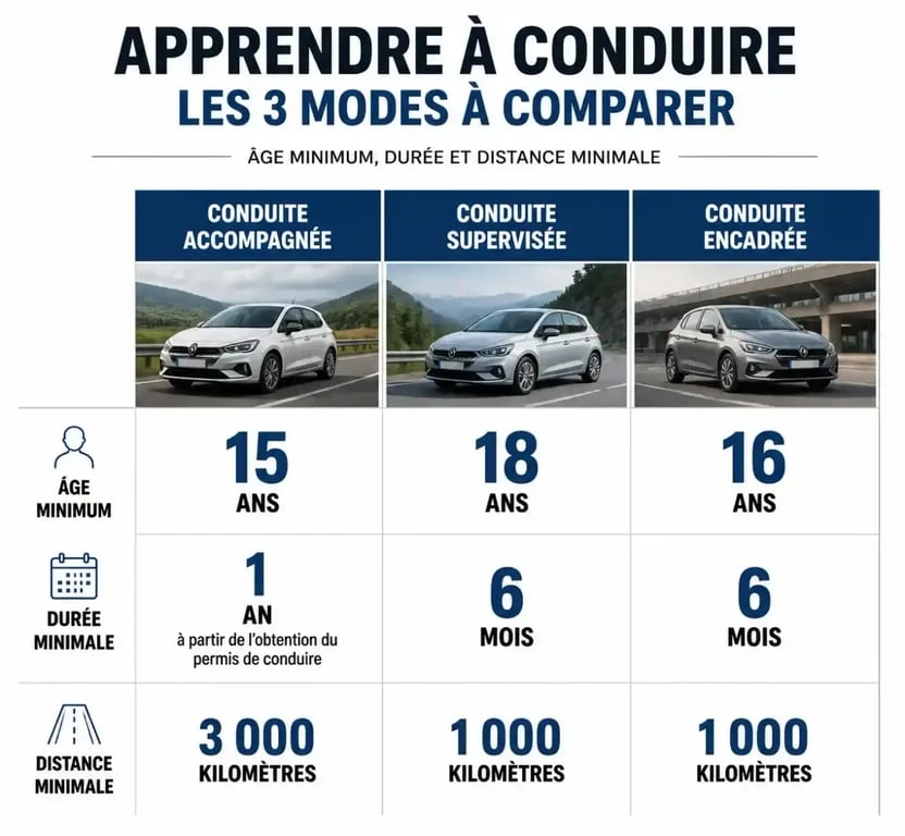 Tableau comparatif des modes d'apprentissage : conduite accompagnée, conduite supervisée et conduite encadrée pour le permis de conduire.