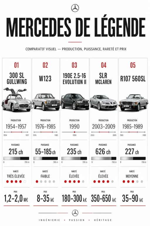 Vieille Mercedes : comparaison visuelle des modèles emblématiques avec année, puissance, rareté et prix