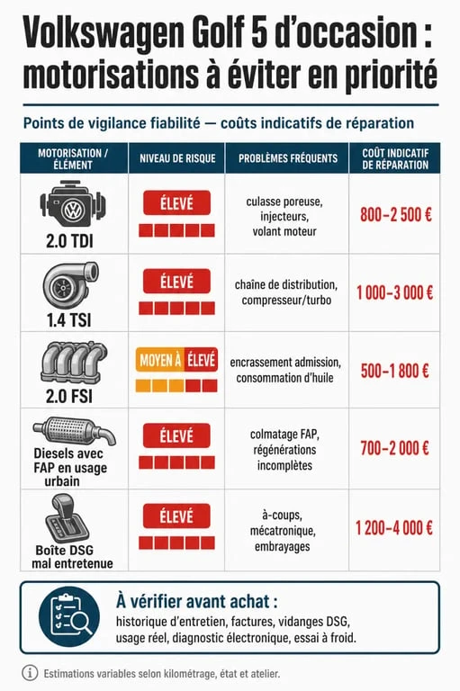 Volkswagen Golf 5 modèle à éviter : infographie des motorisations et boîtes à surveiller