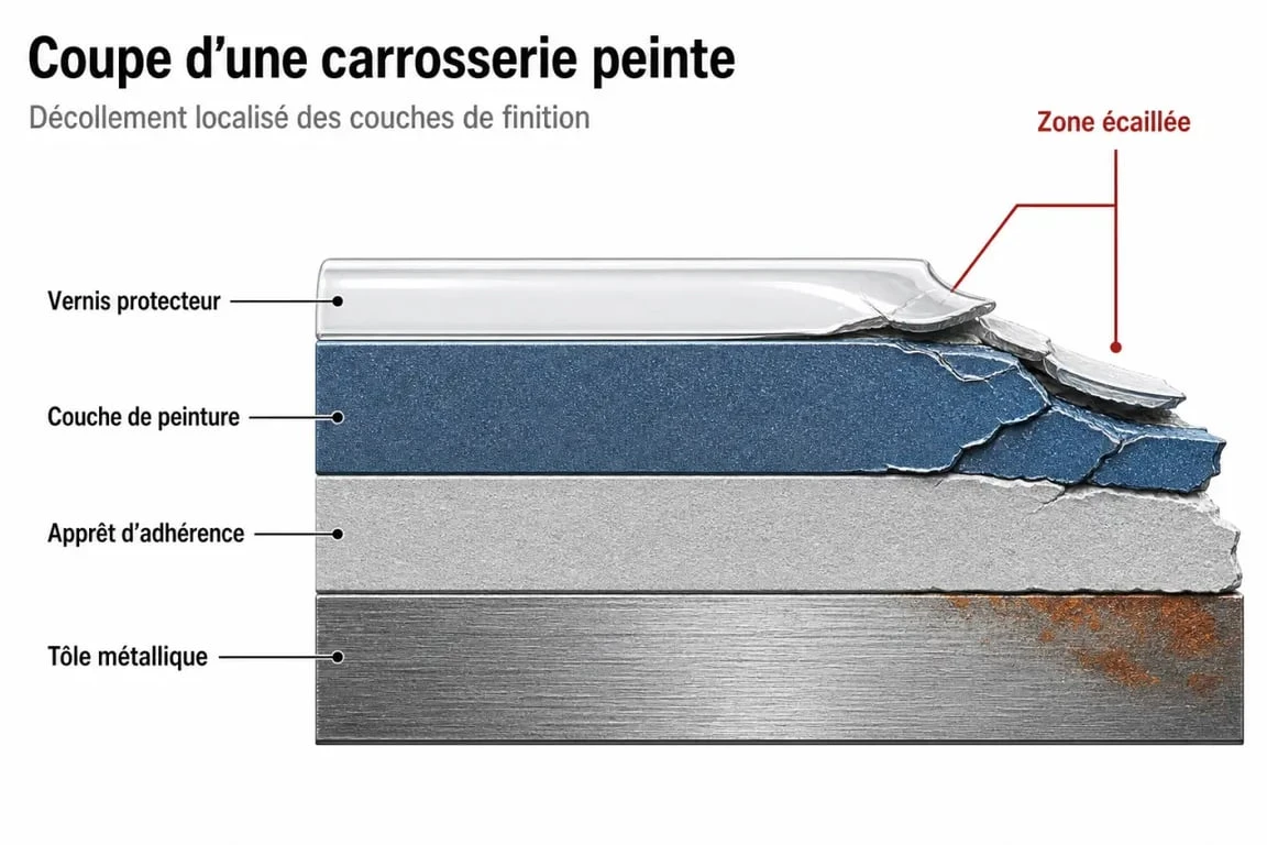 Peinture écaillée voiture : schéma des couches vernis, peinture, apprêt et métal