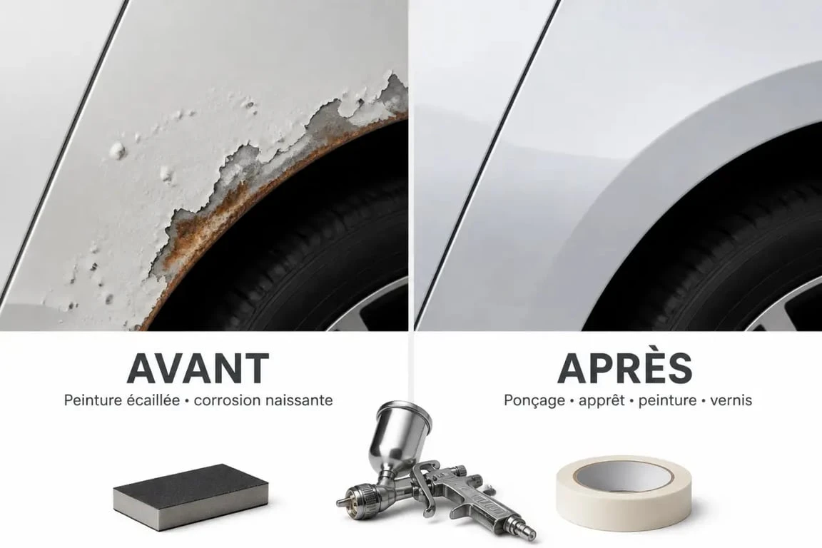 Peinture écaillée voiture : avant et après réparation d’une aile de voiture