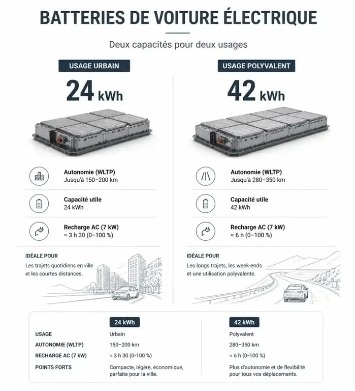 Comparaison des capacités de batterie pour Fiat 500 électrique : 24 kWh vs 42 kWh