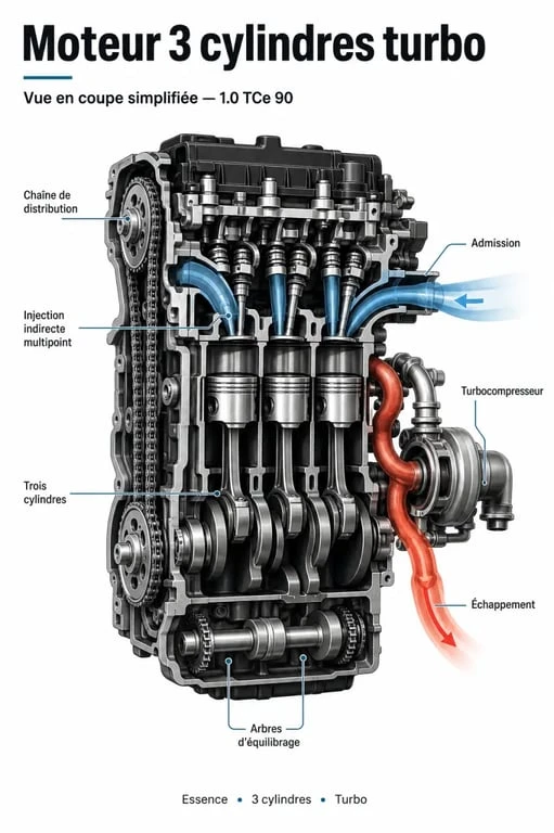 1.0 TCe 90 fiabilité : schéma simplifié du moteur trois cylindres avec chaîne de distribution et injection indirecte