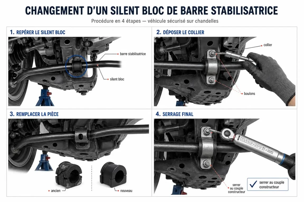 Changement silent bloc barre stabilisatrice illustré en séquence sur une voiture sur chandelles