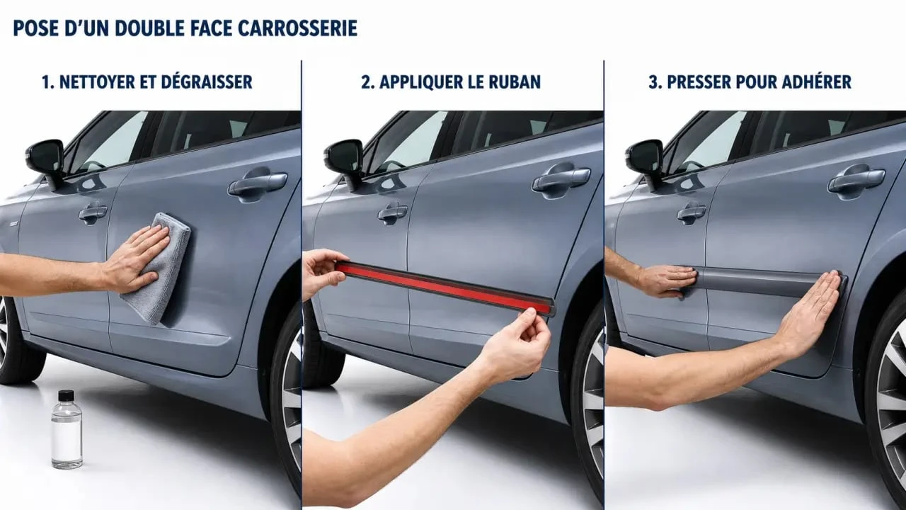 Pose de double face carrosserie sur une baguette latérale avec préparation de la surface et pression finale
