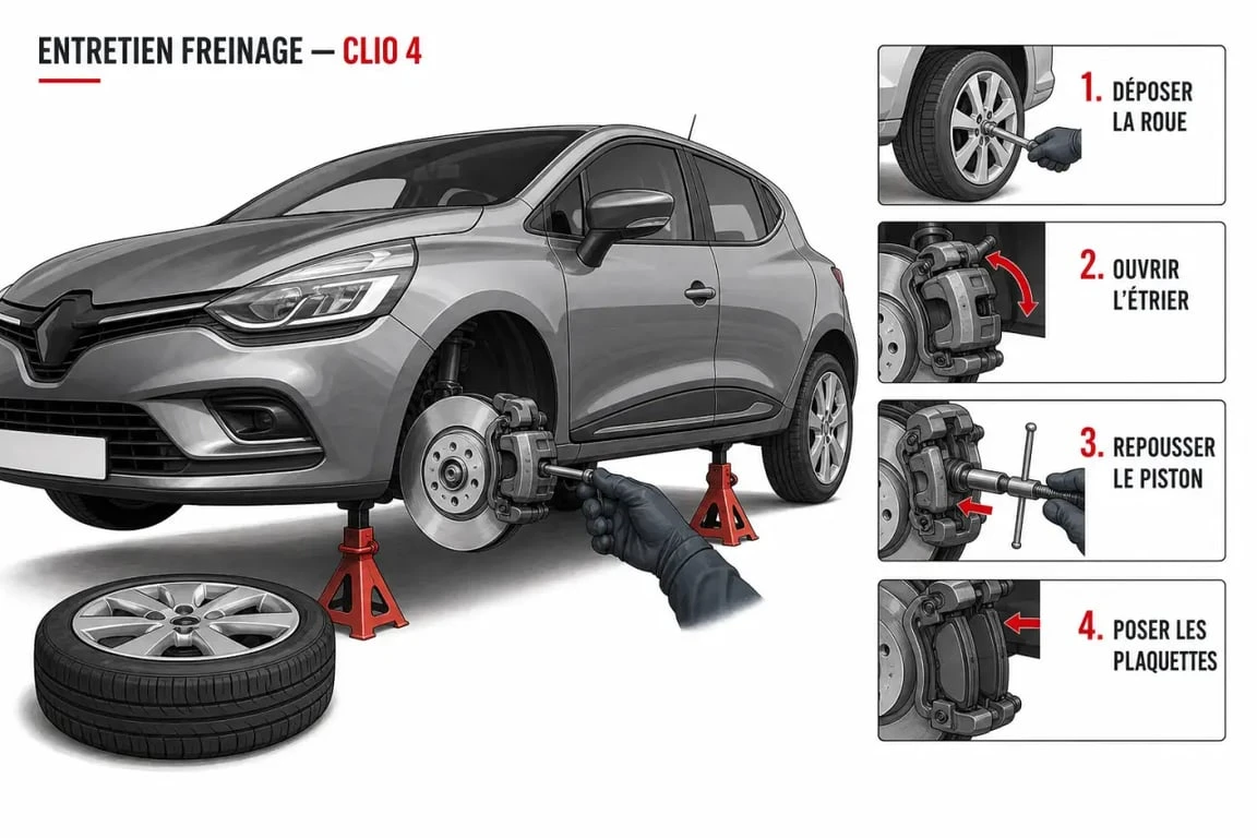 Changer plaquette de frein Clio 4 illustré sur une Renault Clio 4 levée avec roue déposée et étrier de frein visible
