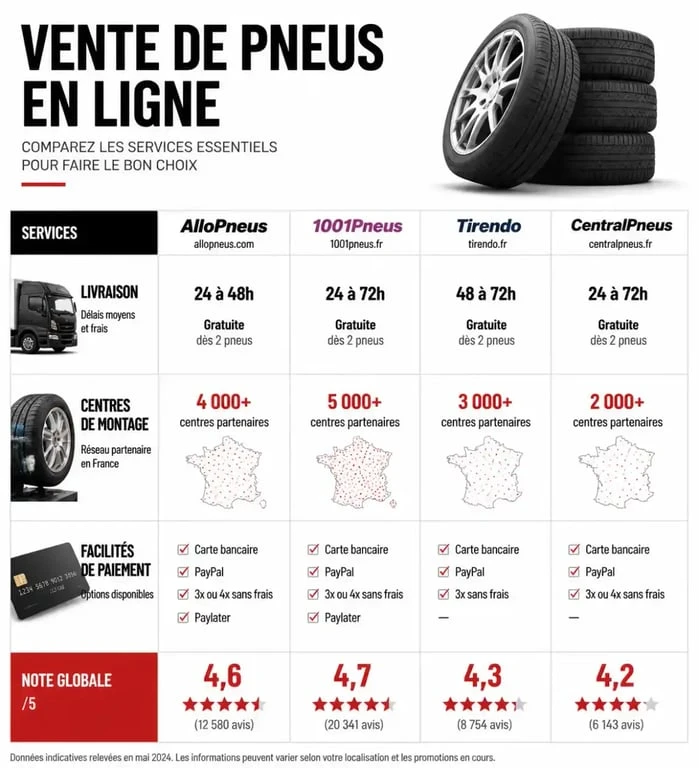Infographie comparative des services de vente de pneus en ligne pour avis Toopneus