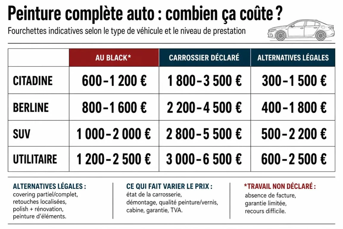 Prix carrossier au black comparé aux tarifs officiels et alternatives pour peinture complète de voiture