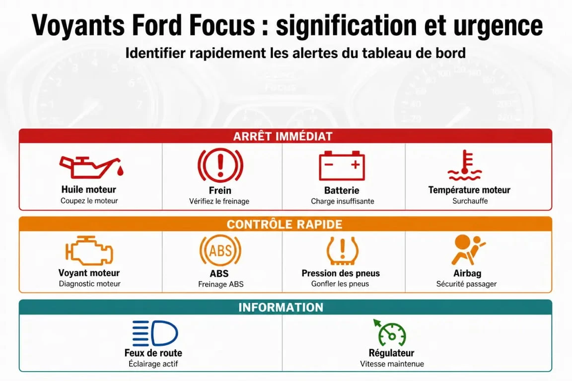 Signification voyant tableau de bord Ford Focus avec voyants classés par couleur et actions à suivre