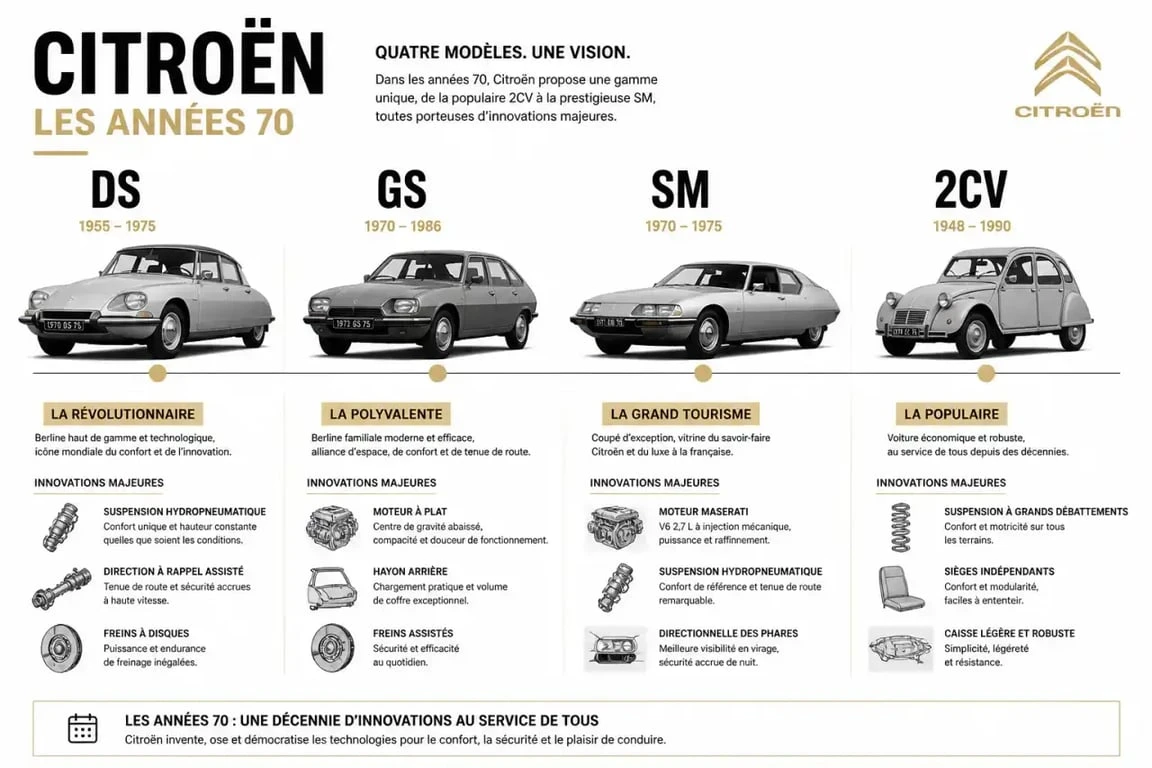 Citroën année 70 : frise visuelle des modèles DS, GS, SM et 2CV et de leurs innovations