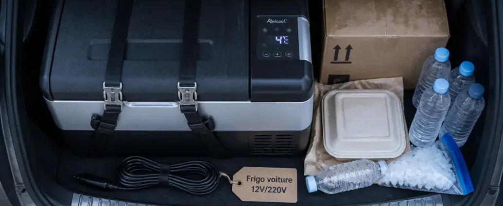 Frigo pour la voiture noir et argent sur coffre ouvert, 4°C, câbles 12V/220V