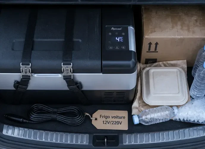 Frigo pour la voiture noir et argent sur coffre ouvert, 4°C, câbles 12V/220V