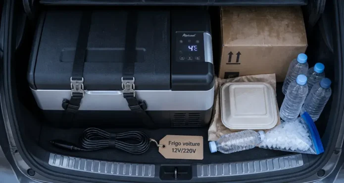 Frigo pour la voiture noir et argent sur coffre ouvert, 4°C, câbles 12V/220V