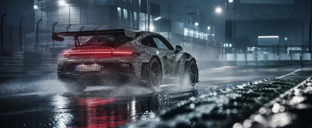 Porsche gt2 rs 992 prototype 2027 hybride, piste humide de nuit