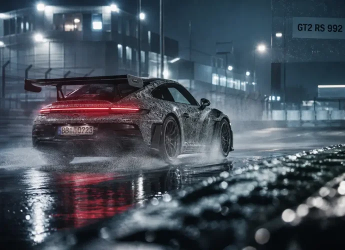Porsche gt2 rs 992 prototype 2027 hybride, piste humide de nuit