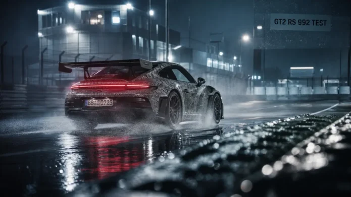 Porsche gt2 rs 992 prototype 2027 hybride, piste humide de nuit