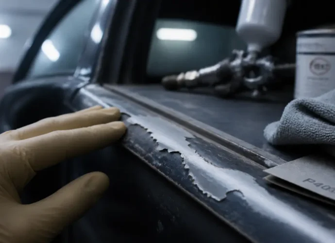 Peinture écaillée voiture : vernis abîmé visible sur portière