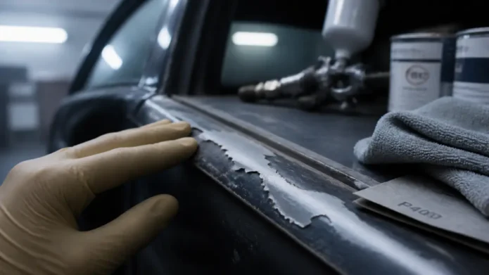 Peinture écaillée voiture : vernis abîmé visible sur portière