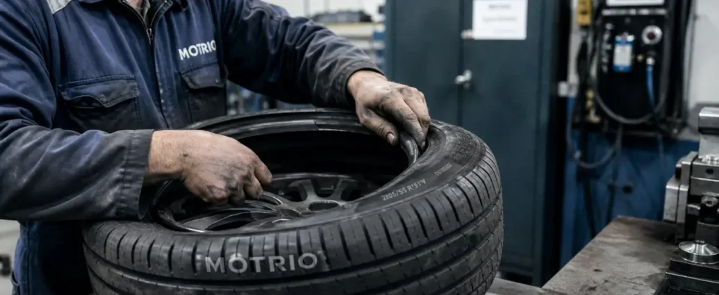 Pneus motrio avis : mécanicien monte un pneu en garage
