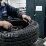 Pneus motrio avis : mécanicien monte un pneu en garage