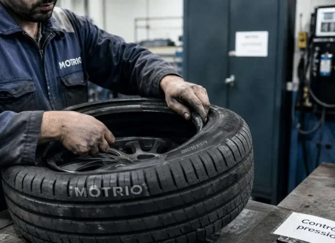 Pneus motrio avis : mécanicien monte un pneu en garage