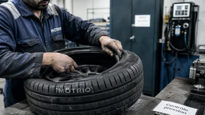 Pneus motrio avis : mécanicien monte un pneu en garage