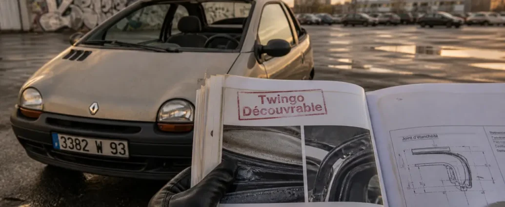 twingo decapotable, vue 3/4 avant toit ouvert sur parking urbain humide