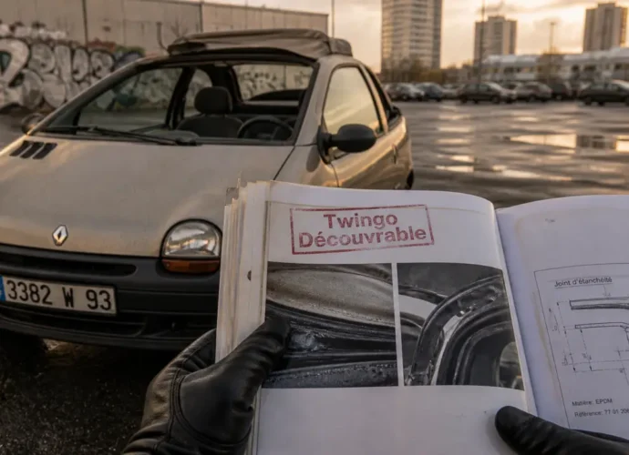 twingo decapotable, vue 3/4 avant toit ouvert sur parking urbain humide