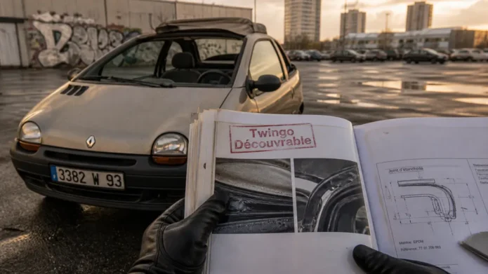 twingo decapotable, vue 3/4 avant toit ouvert sur parking urbain humide