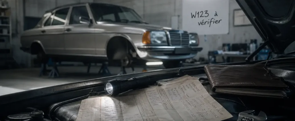 Vieille Mercedes W123 en garage, budget réparation et factures