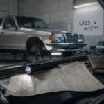 Vieille Mercedes W123 en garage, budget réparation et factures