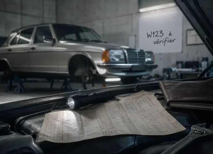 Vieille Mercedes W123 en garage, budget réparation et factures