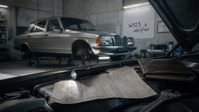 Vieille Mercedes W123 en garage, budget réparation et factures