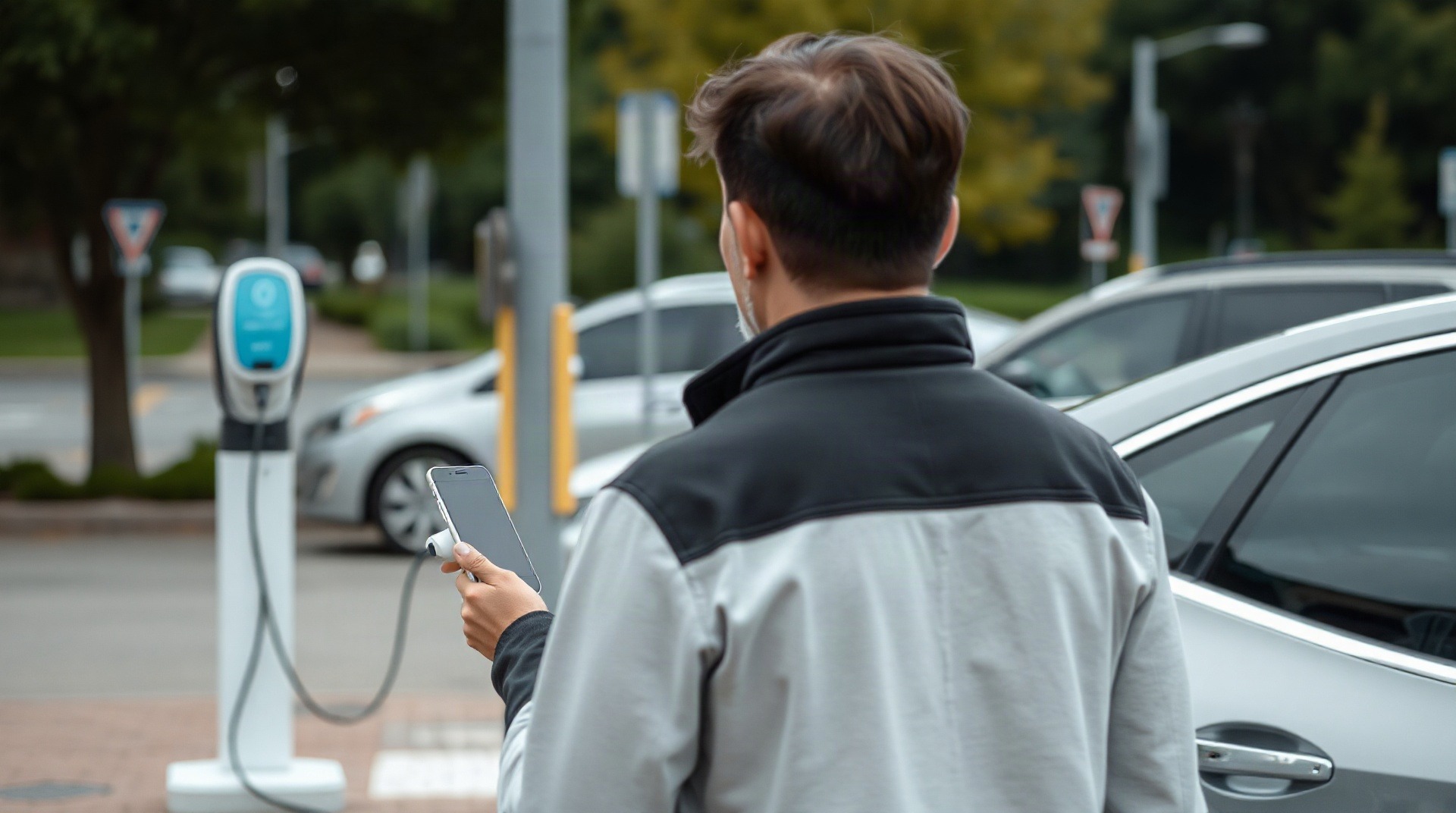 Conducteur consultant l'avancement de la recharge de son véhicule électrique via smartphon