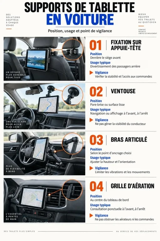 Infographie comparative des types de support de voiture pour tablette