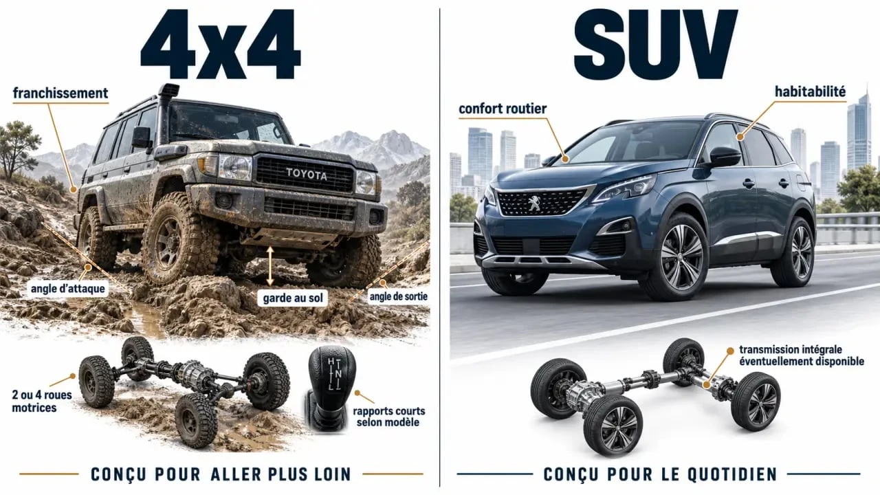 Infographie sur la différence entre 4x4 et SUV : franchissement, transmission et confort routier