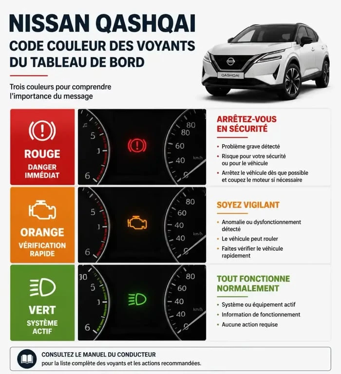 Infographie du code couleur des voyants du tableau de bord Nissan Qashqai