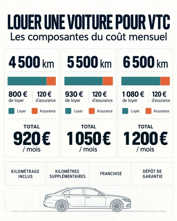 Infographie pour louer une voiture pour VTC avec comparaison des forfaits kilométriques et des coûts mensuels