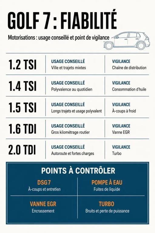 Infographie sur la fiabilité Golf 7 et les points de vigilance des motorisations
