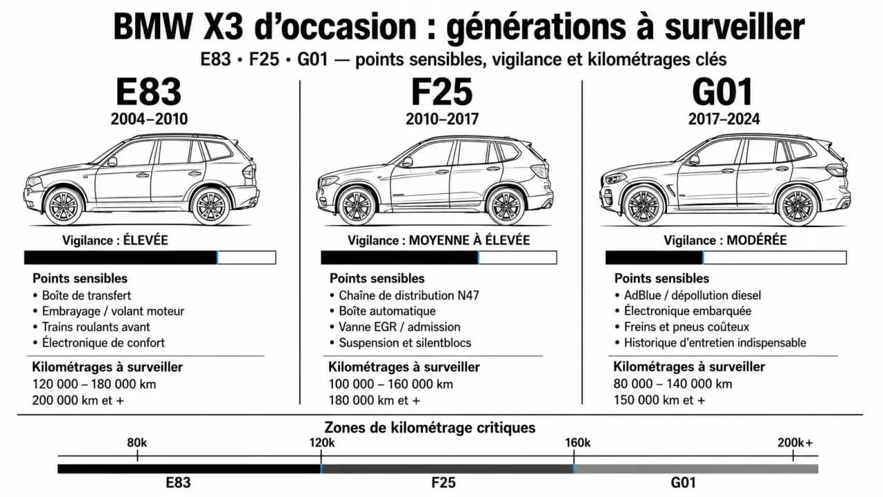 BMW X3 modèle à éviter : comparatif visuel des générations, motorisations et points de vigilance
